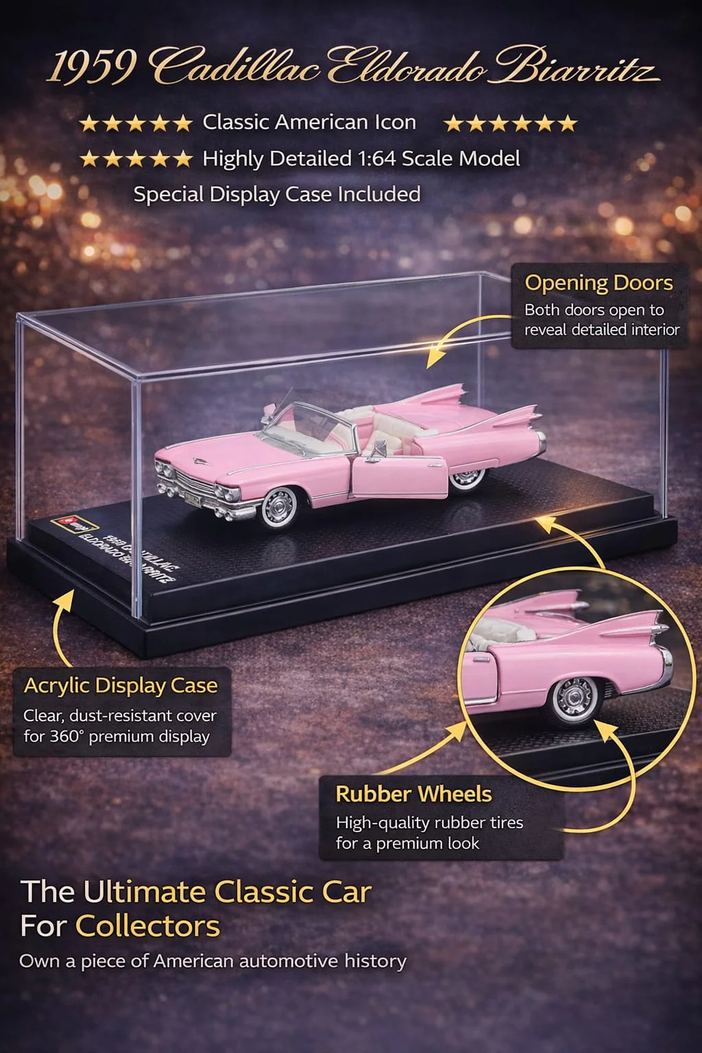 Bburago 1959 Cadillac Eldorado Biarritz Iconic Classic Collectible with Acrylic Display Case 1:64 Scale - Image 2
