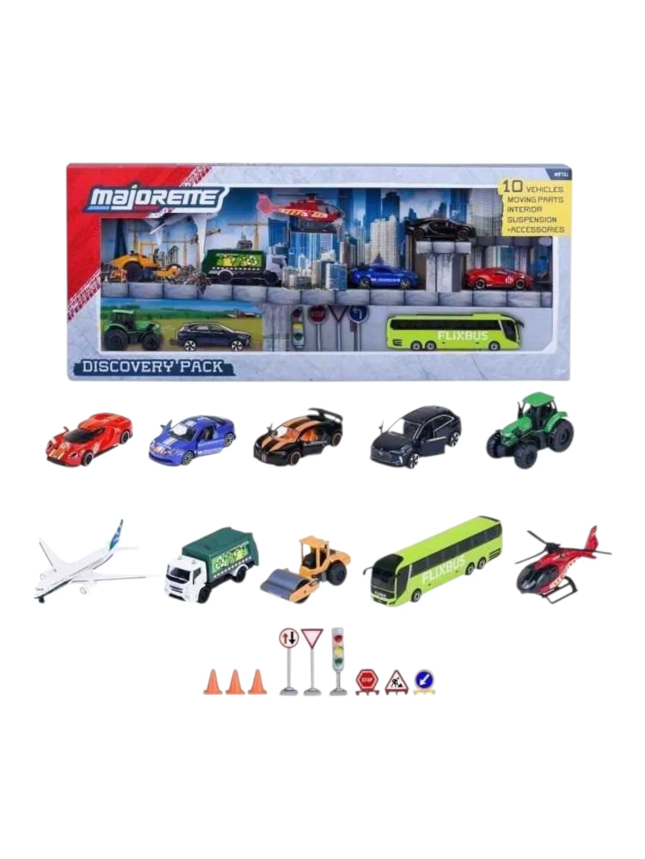 Majorette: Discovery Pack - Play Set - 10 Vehicles/ Moving Parts/ Interior/ Suspension/ +Accessories