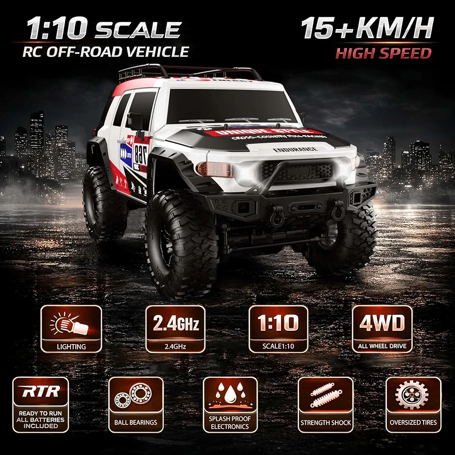 RC Cars Racing Rally RTR Remote Control Car 4WD 2.4GHz Brushed Offroad Racing Hobby Grade Model Vehicle with LED Lights 2Pcs Battery Climbing Beast 1:10 Scale - Image 7